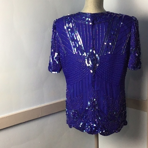 Vintage Laurence Kazar Blue Silk Sequined Scalloped Blouse size Large - Picture 3 of 8